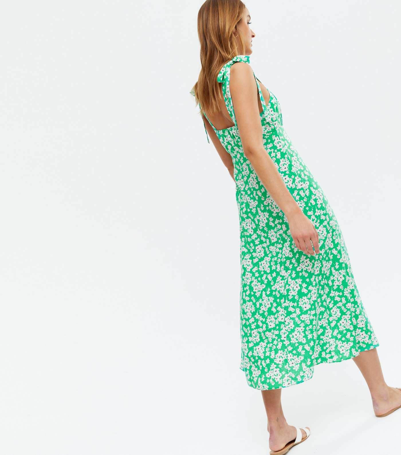 Green Floral Tie Strap Ruched Split Hem Midi Dress Image 4