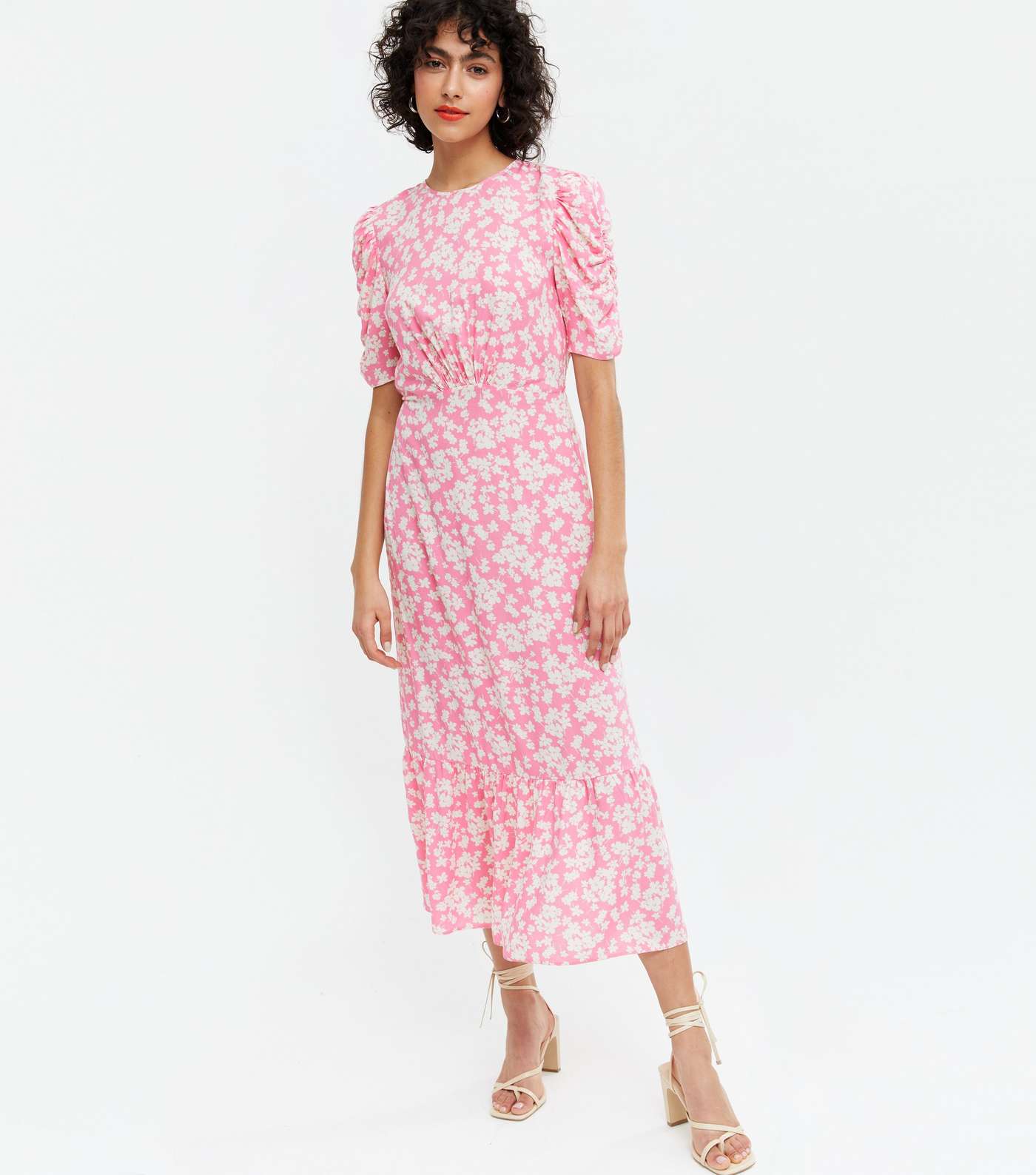 Pink Floral Ruched Puff Sleeve Midi Dress