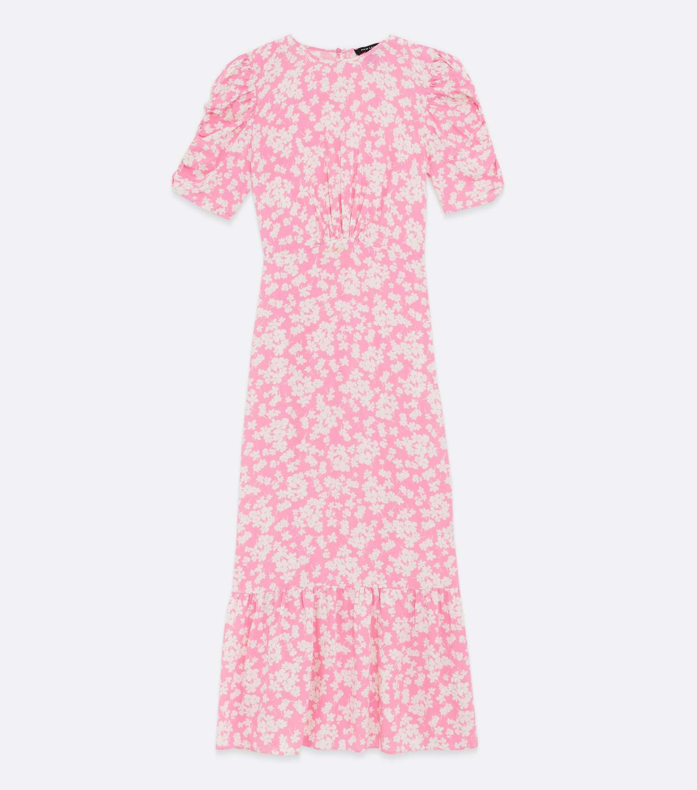 Pink Floral Ruched Puff Sleeve Midi Dress Image 5