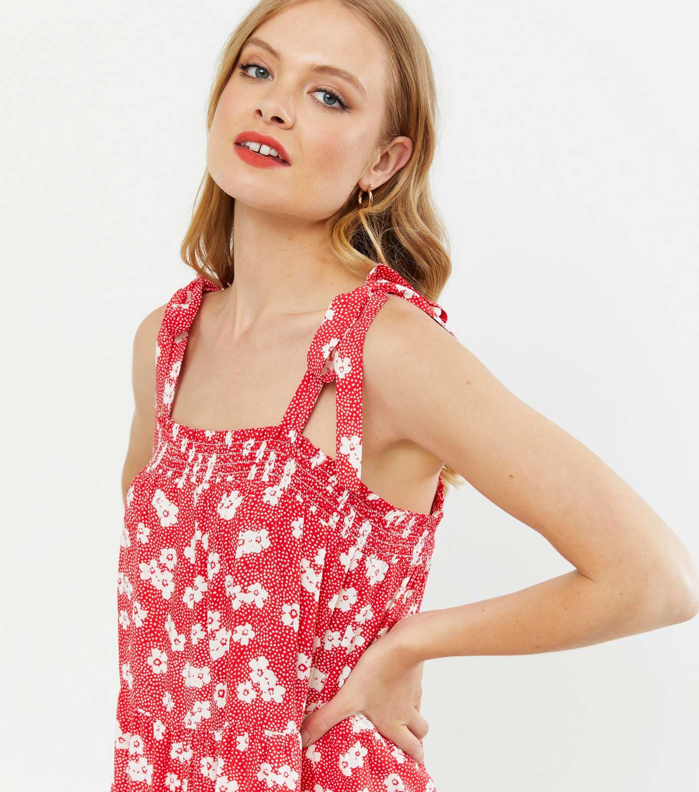 Red Floral Spot Tie Strap Tiered Mini Dress Image 3