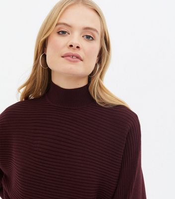 Burgundy Ribbed High Neck Crop Jumper New Look