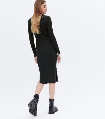 Black Ribbed Knit High Neck Midi Dress New Look