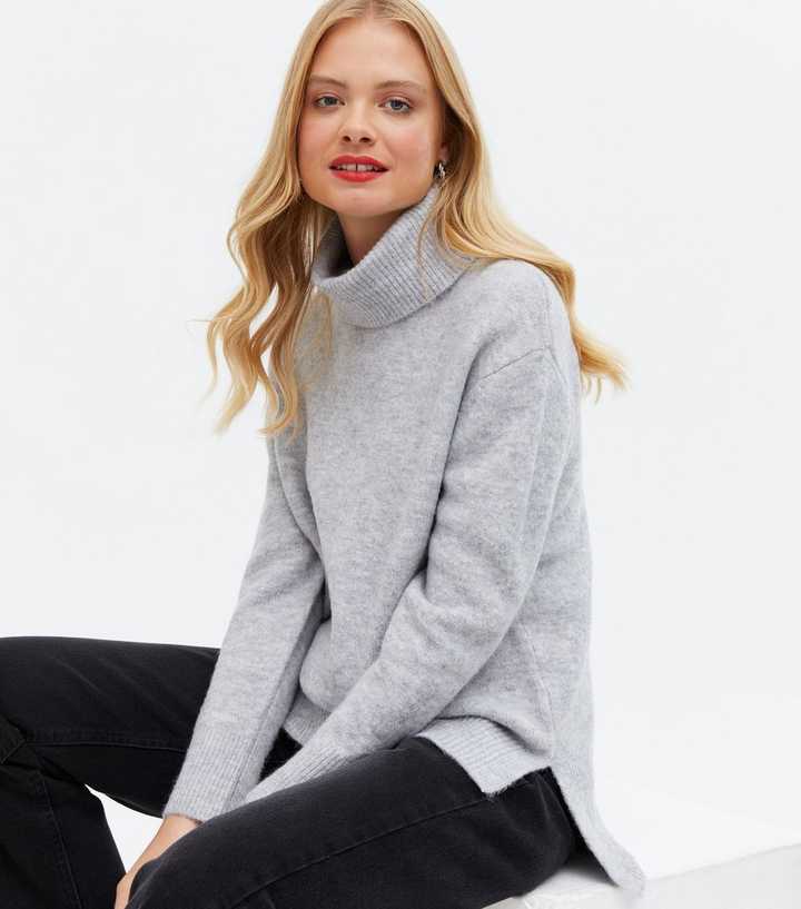 Pale Grey Roll Neck Long Split Hem Jumper