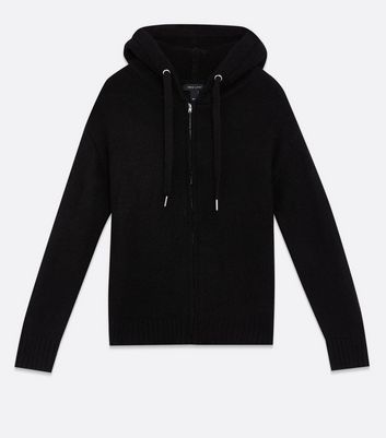 Black Knit Zip Front Hoodie New Look