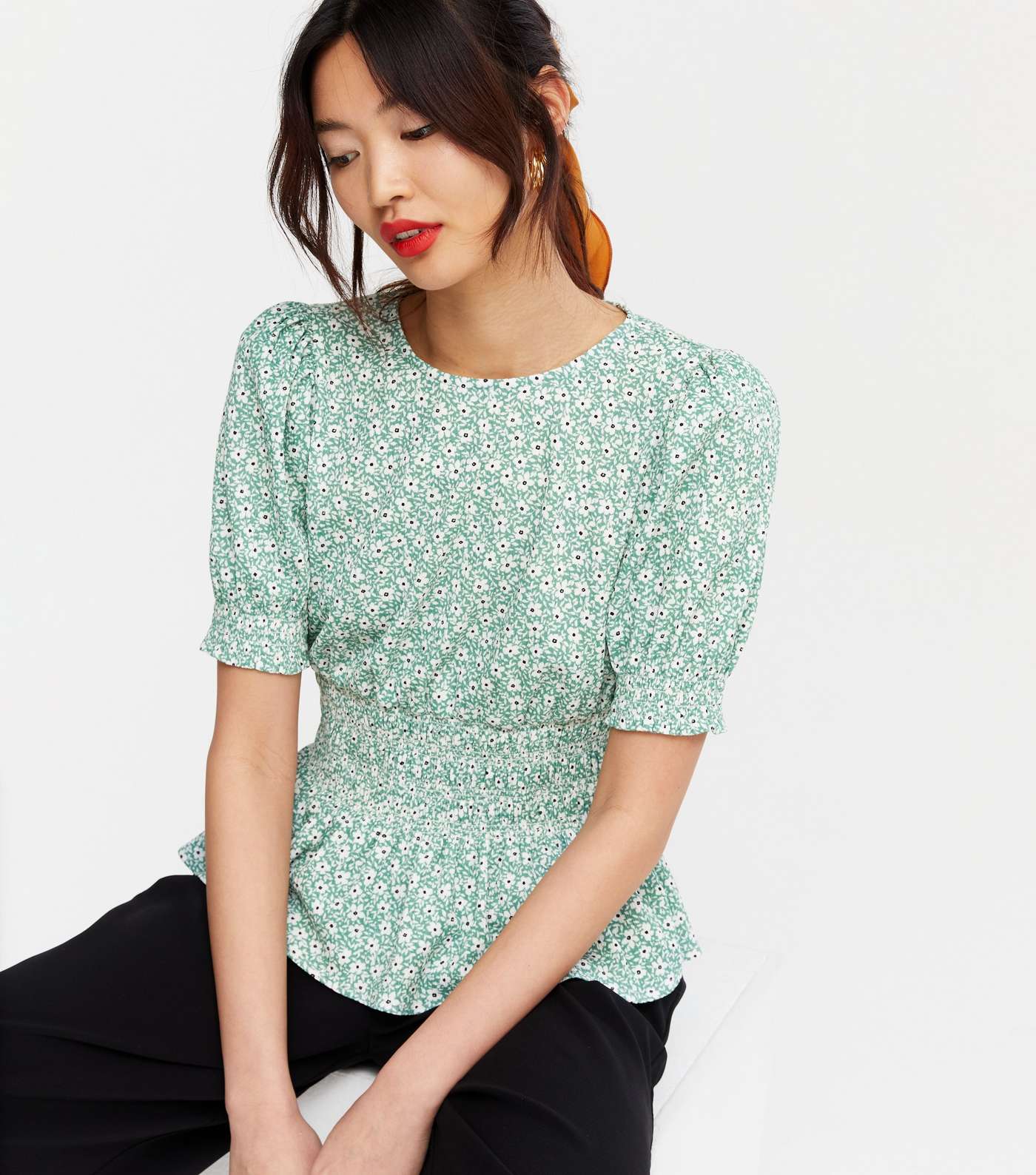 Green Ditsy Floral Shirred Peplum Top 
