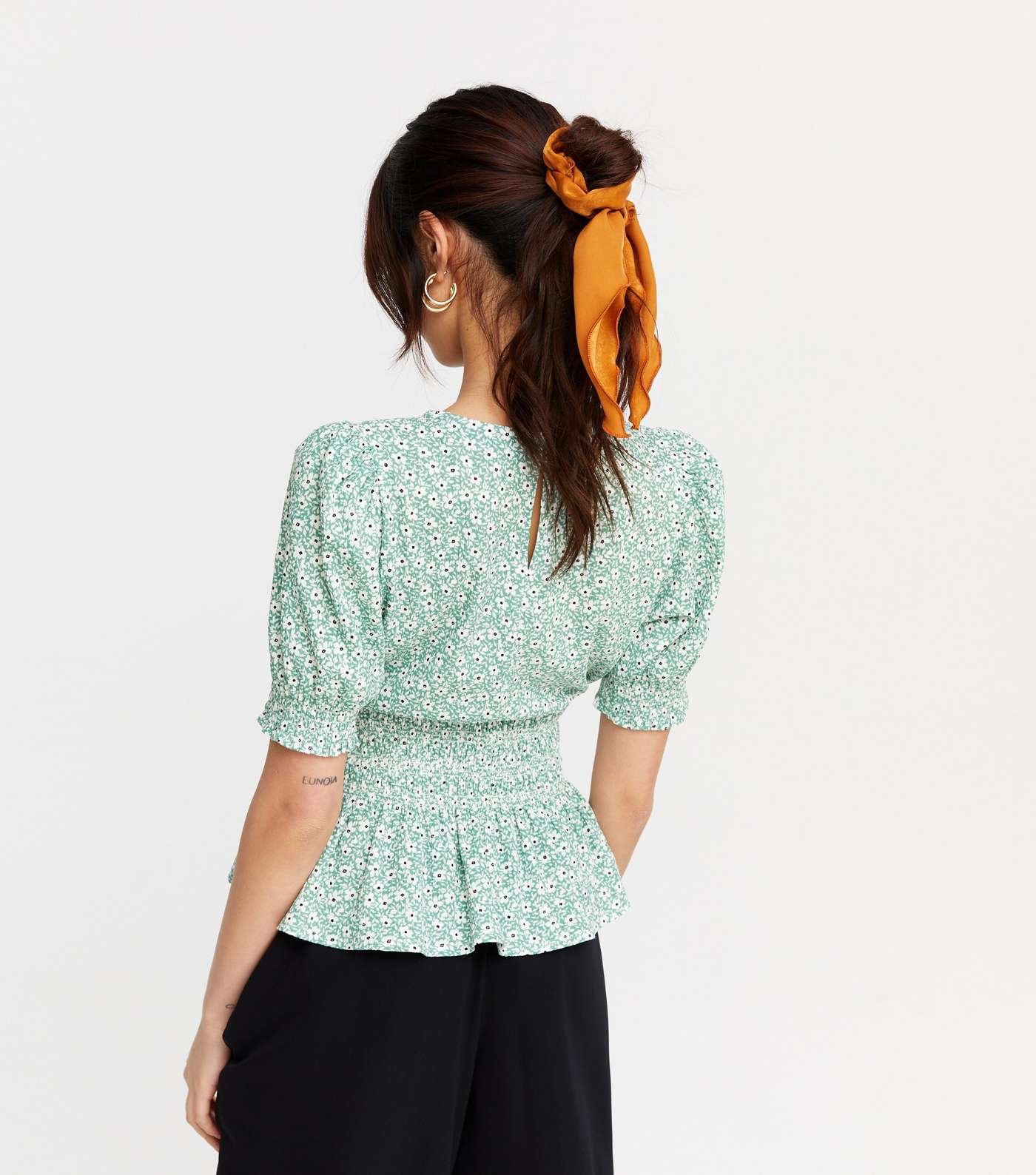 Green Ditsy Floral Shirred Peplum Top  Image 3