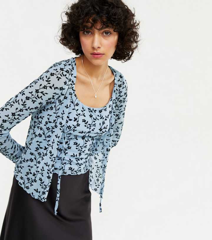 Pale Blue Flocked Floral Mesh Cami and Cardigan Set 