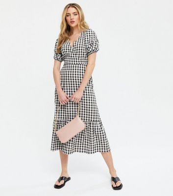 gingham puff sleeve midi dress