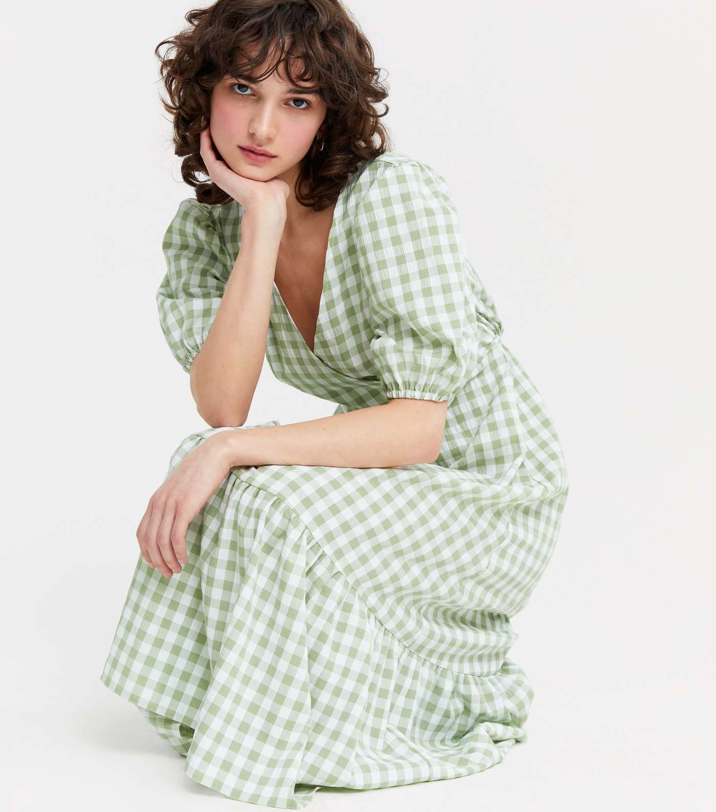 Green Gingham Puff Sleeve Tiered Midi Dress