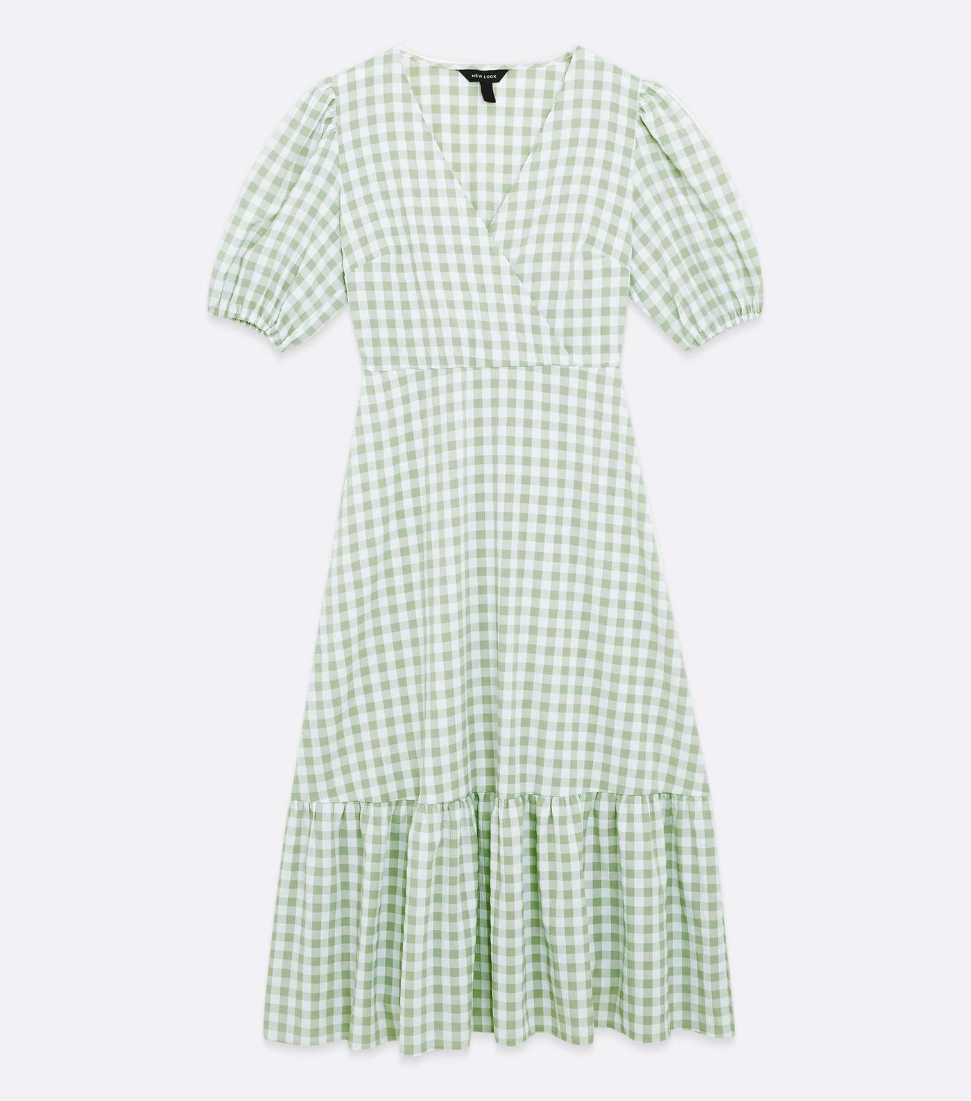 Green Gingham Puff Sleeve Tiered Midi Dress Image 5
