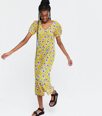 Mustard Floral Puff Sleeve Midi Tea Dress | New Look
