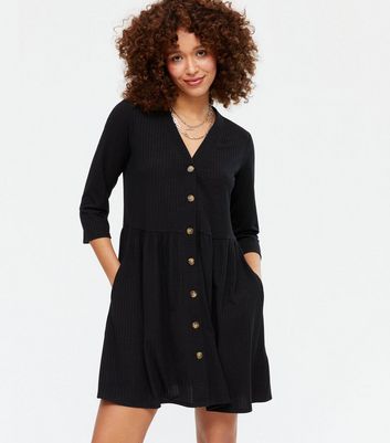 Black Ribbed Button Cardigan Dress New Look