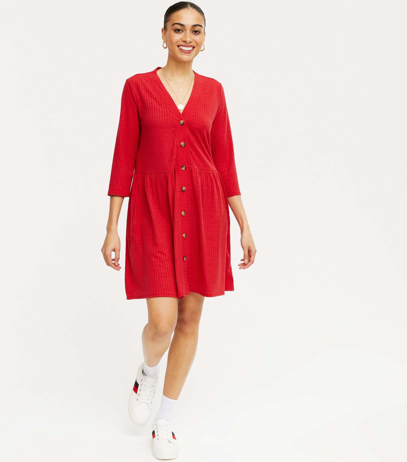 Red Ribbed Button Cardigan Dress Image 2