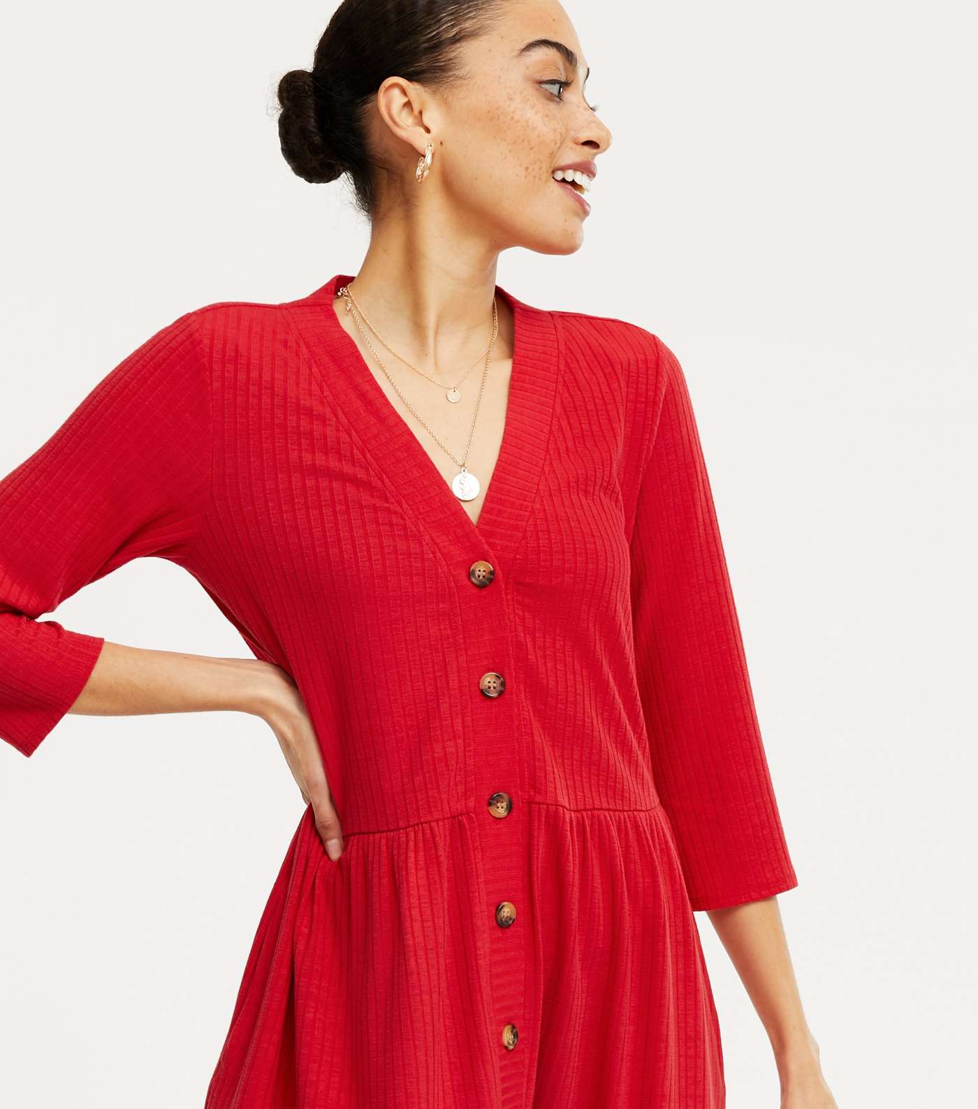Red Ribbed Button Cardigan Dress Image 4