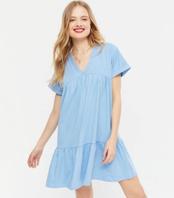 Blue V Neck Tiered Smock Dress | New Look