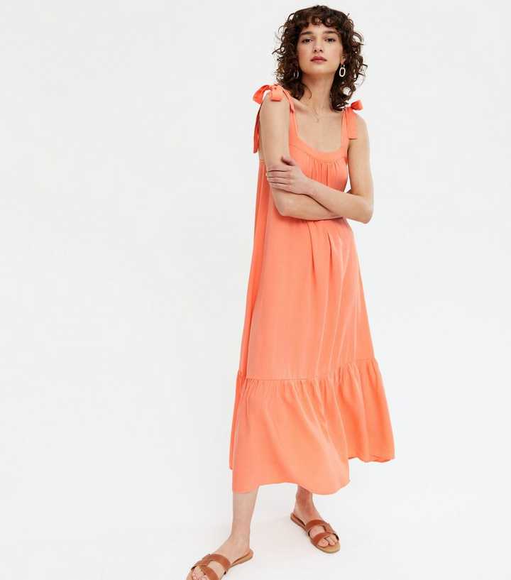 Coral Tie Strap Tiered Midi Dress