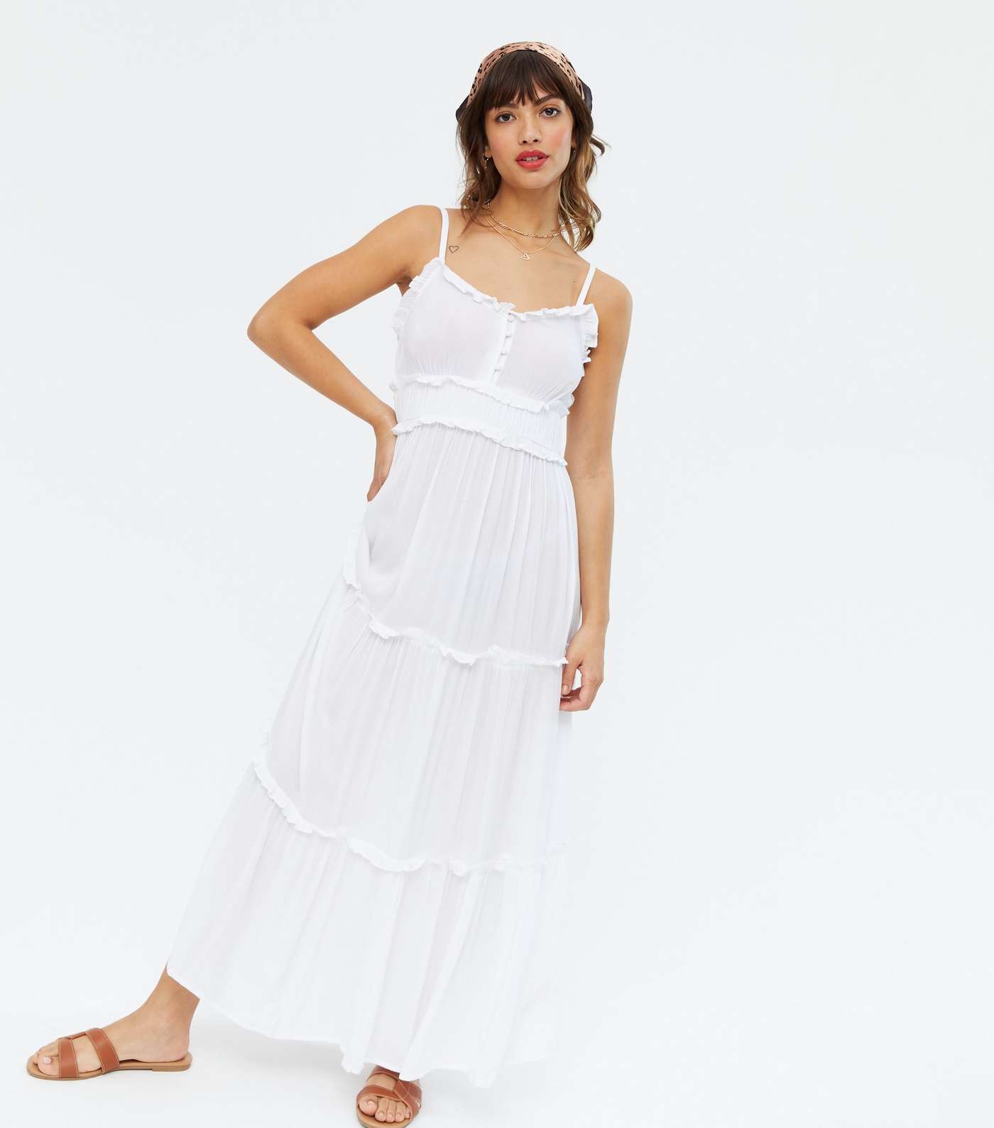 White Frill Strappy Tiered Maxi Dress