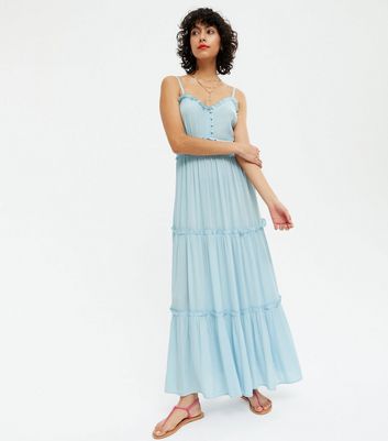 Pale Blue Frill Strappy Tiered Maxi Dress New Look