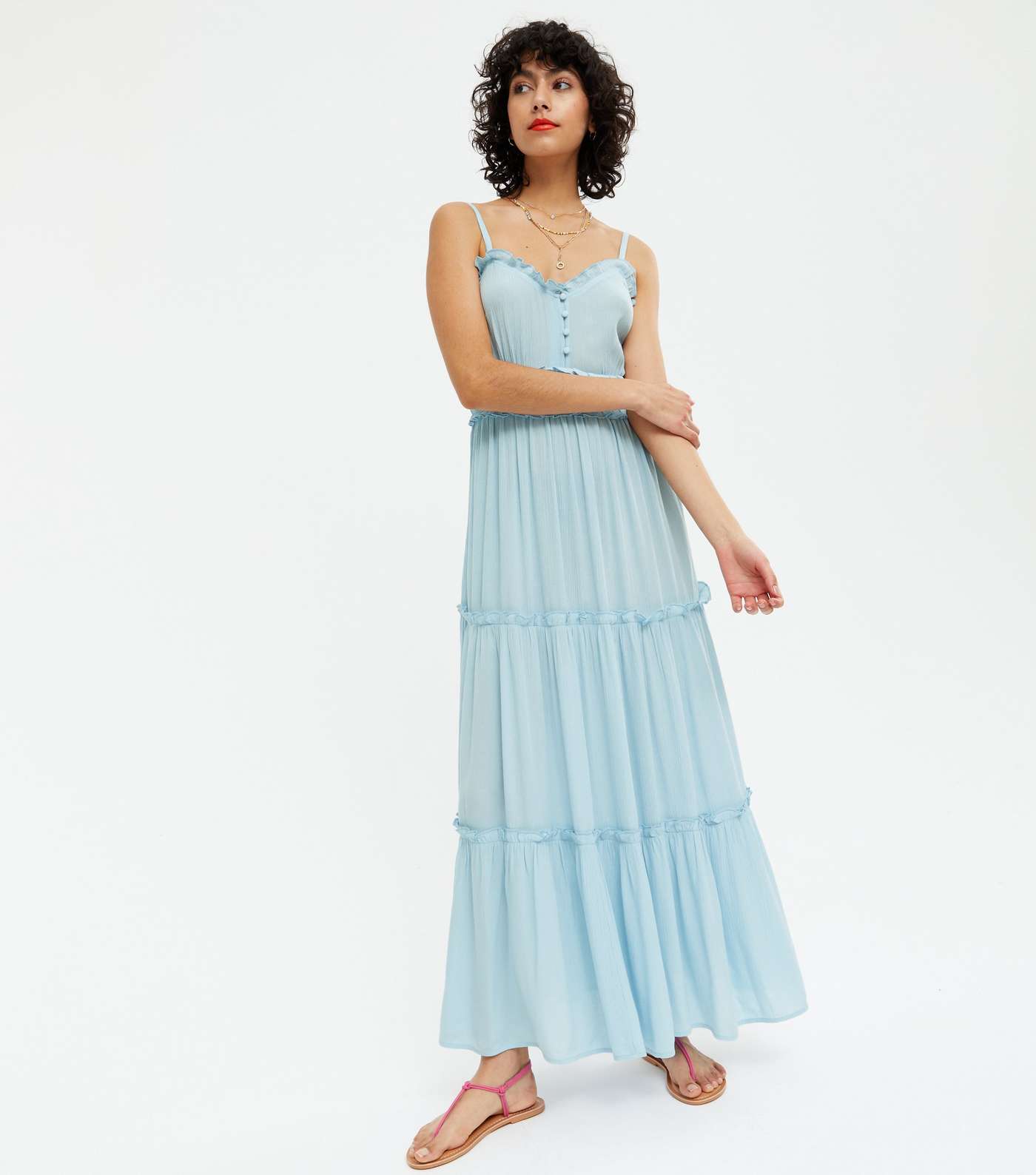 Pale Blue Frill Strappy Tiered Maxi Dress