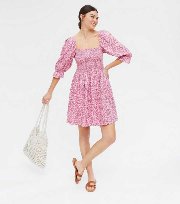 Pink Floral Shirred Mini Dress