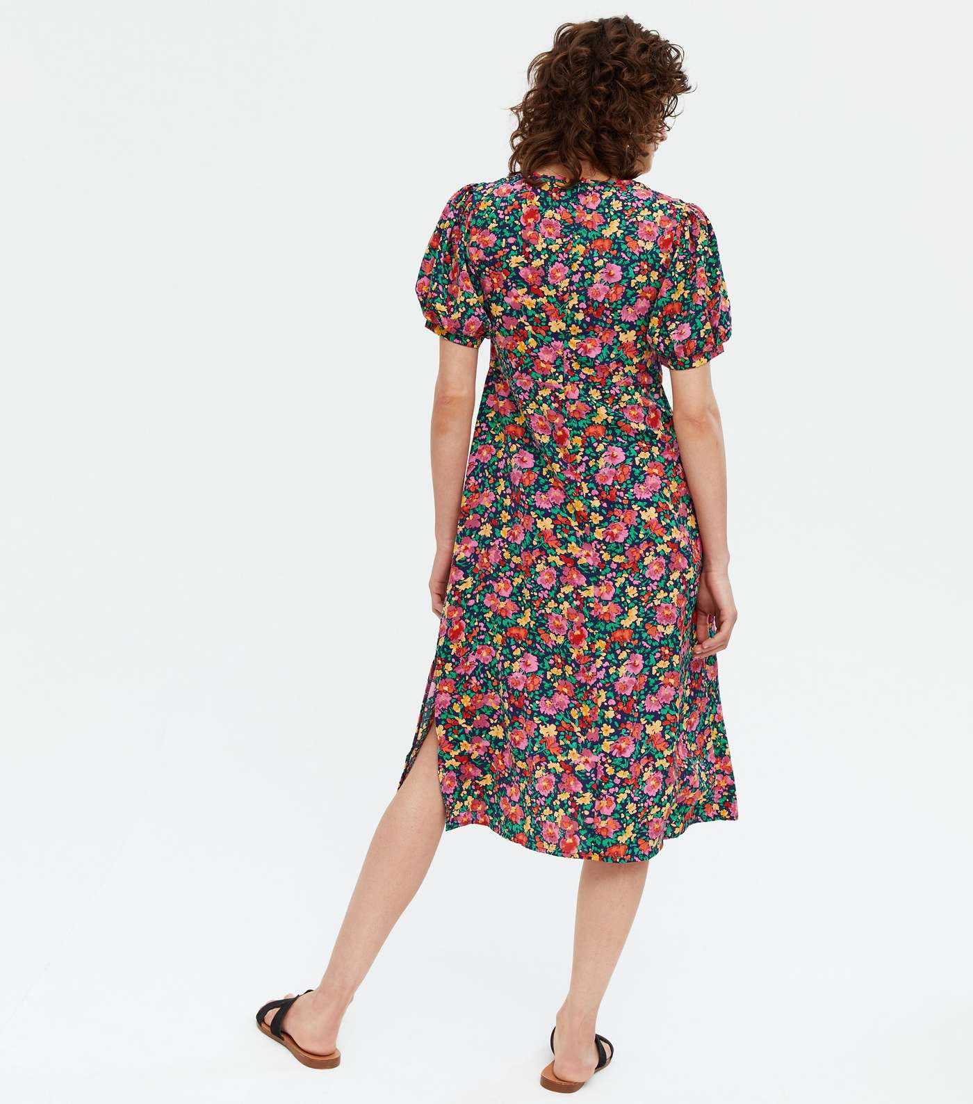 Blue Vanilla Navy Floral Ruched Puff Sleeve Midi Dress Image 4