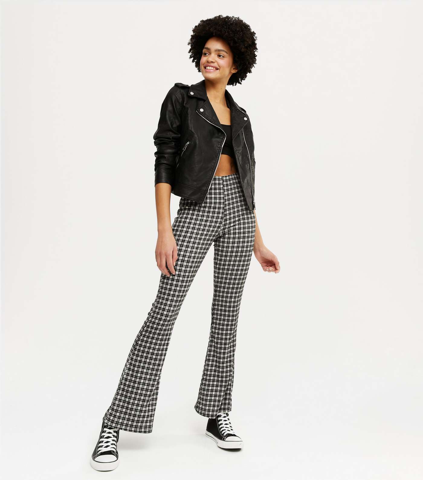 Black Check Jersey Flared Trousers 