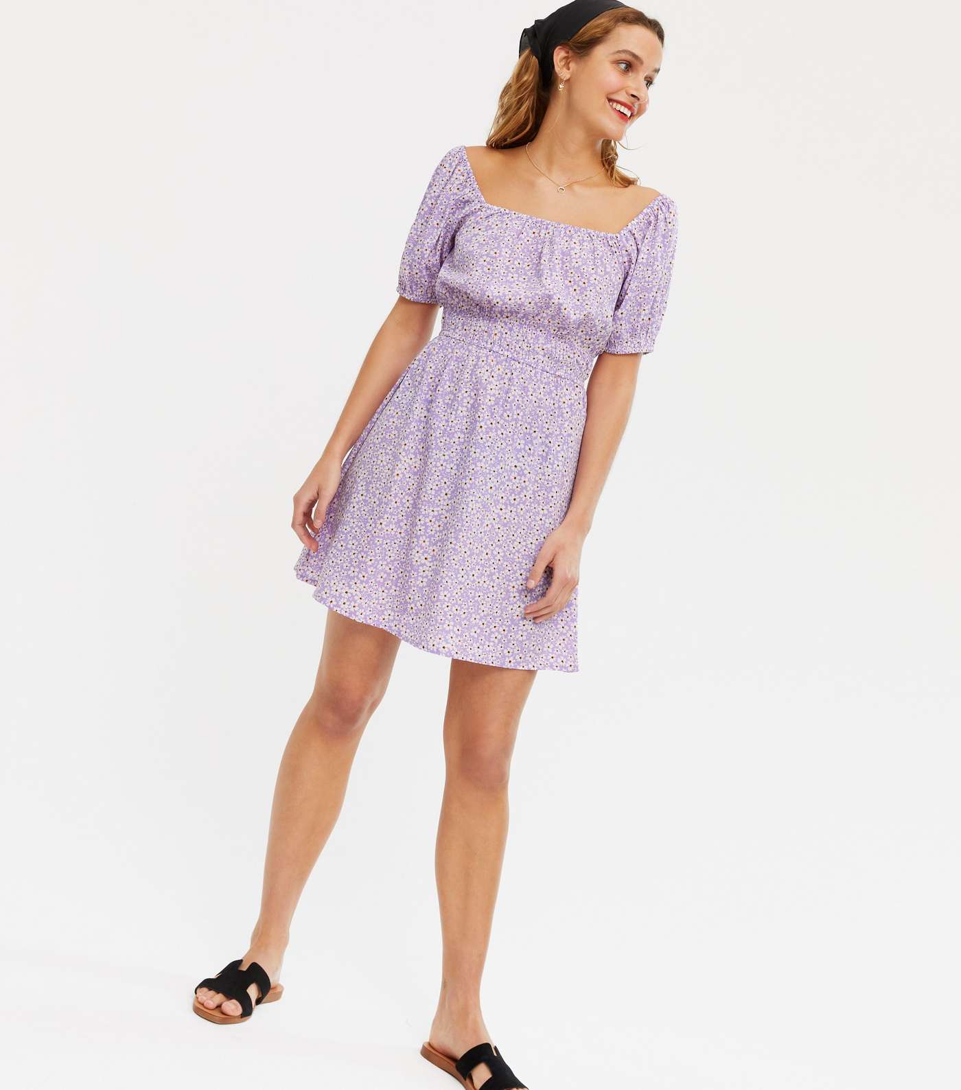 Purple Ditsy Floral Square Neck Shirred Dress Image 2