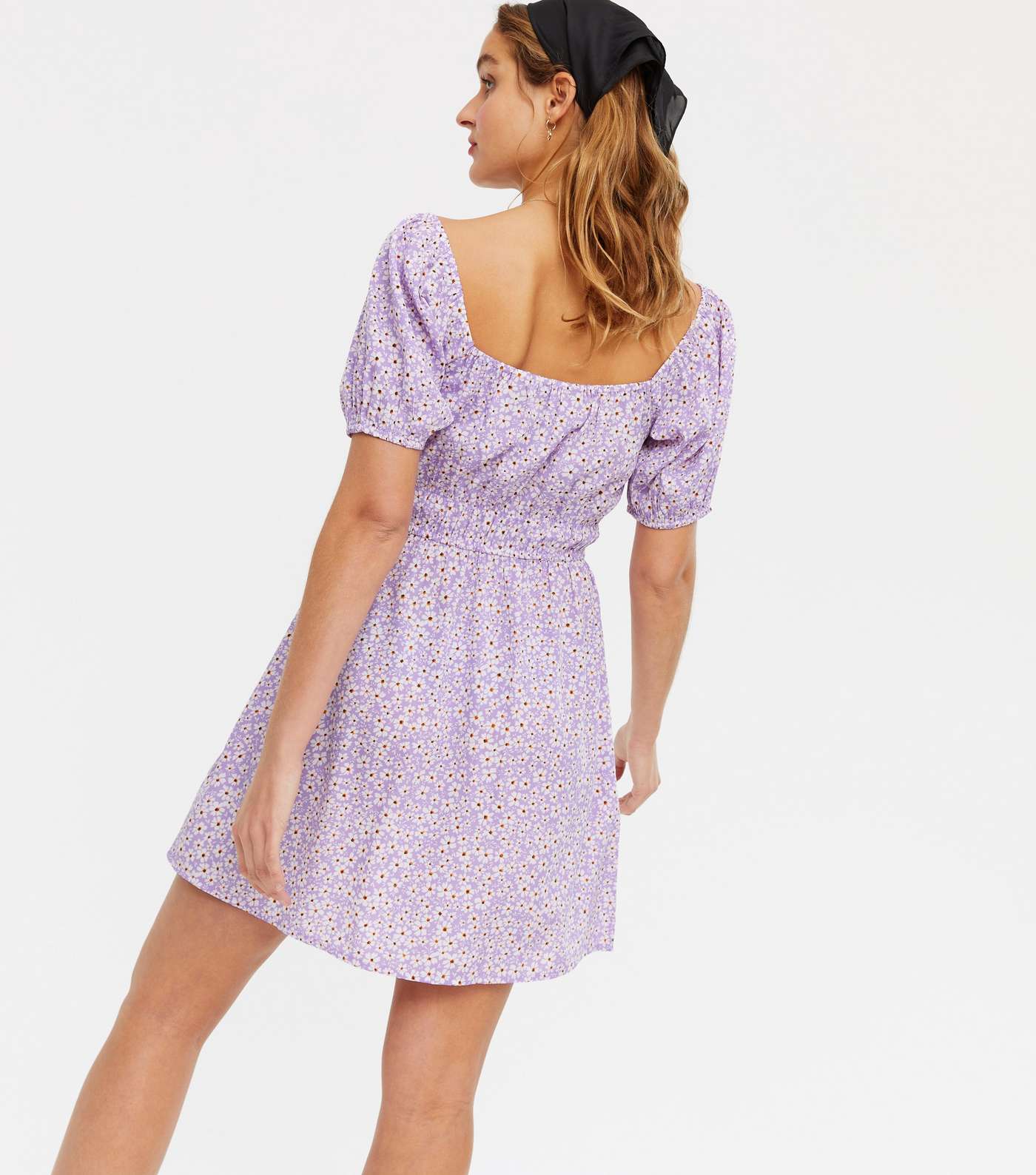 Purple Ditsy Floral Square Neck Shirred Dress Image 4