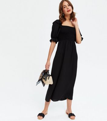 New look textured shirred deals midi dress in black