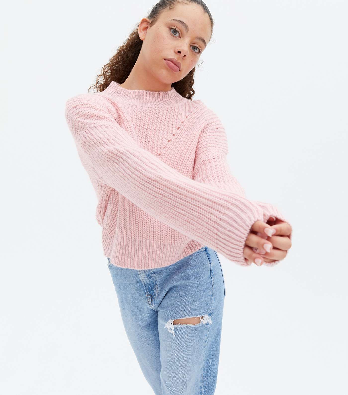 Girls Pale Pink Ribbed Pointelle High Neck Jumper