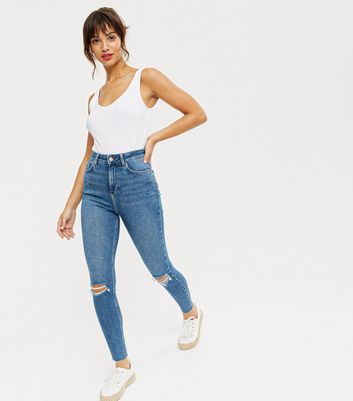 Blue Ripped Knees High Waist Hallie Super Skinny Jeans New Look
