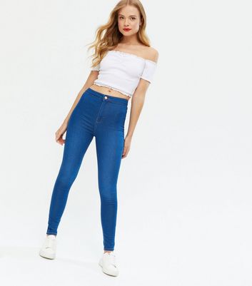 high rise blue skinny jeans