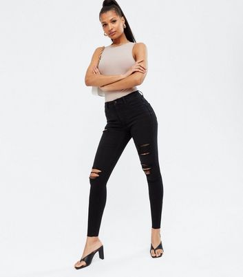 new look high waisted black ripped jeans