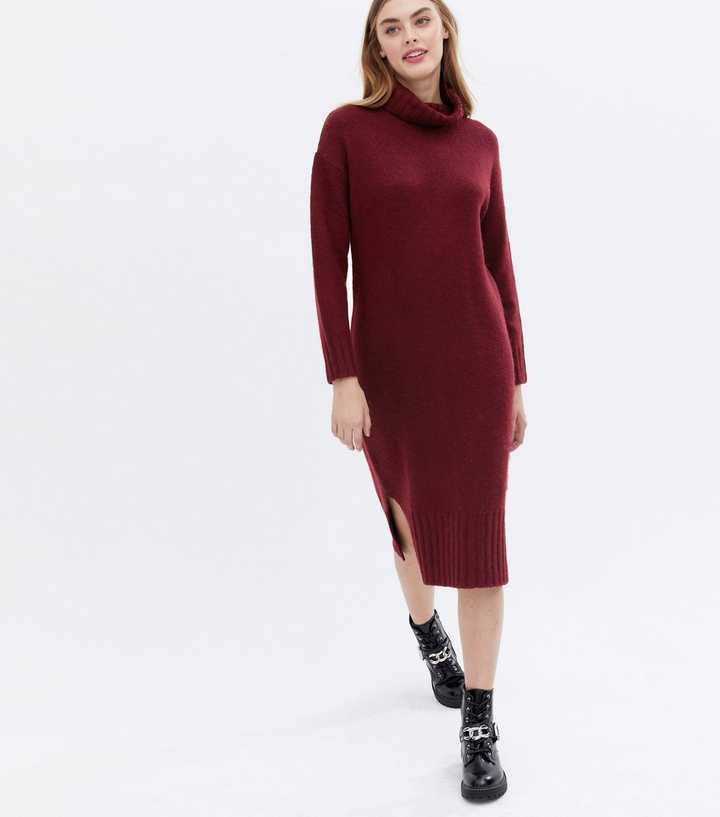 Burgundy Knit Roll Neck Midi Dress