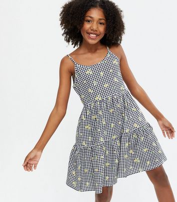 Girls Black Gingham Floral Tiered Strappy Dress New Look