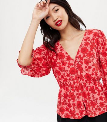 Red Floral Button Front Peplum Tea 