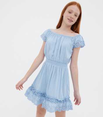 Girls Pale Blue Broderie Trim Bardot Mini Dress