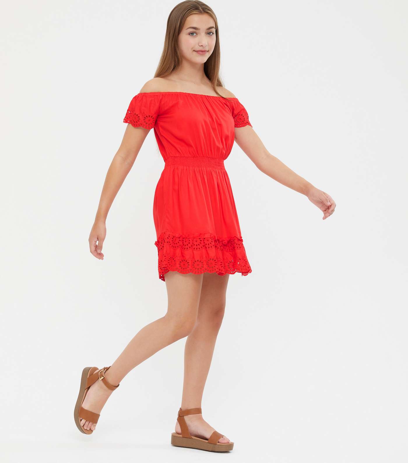 Girls Red Broderie Trim Bardot Mini Dress Image 2