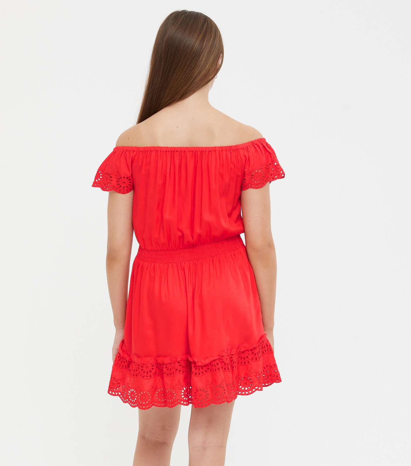 Girls Red Broderie Trim Bardot Mini Dress Image 4
