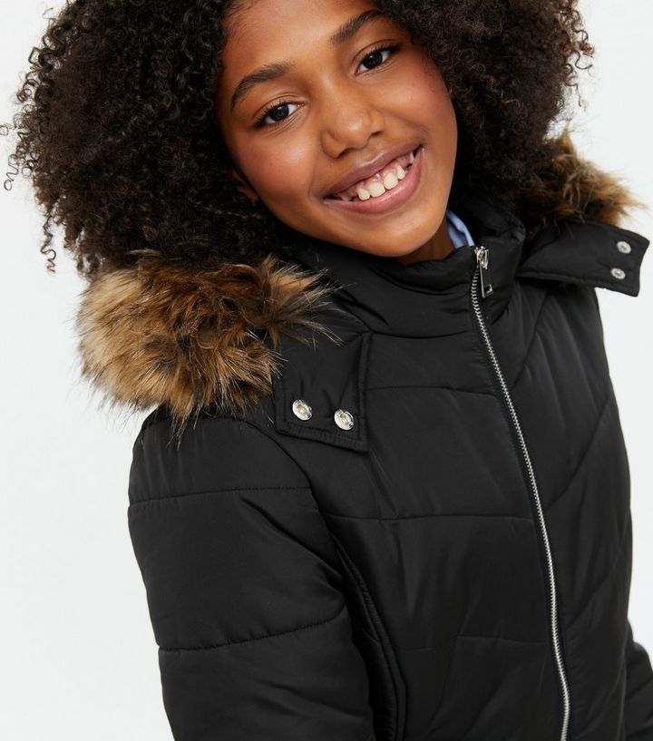 Girls Black Faux Fur Trim Puffer Jacket, Childrens Faux Fur Coats Jackets Black