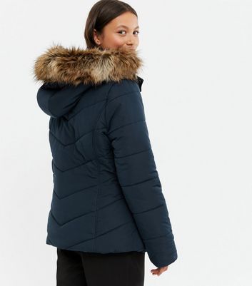 Girls Navy Faux Fur Trim Puffer Jacket 