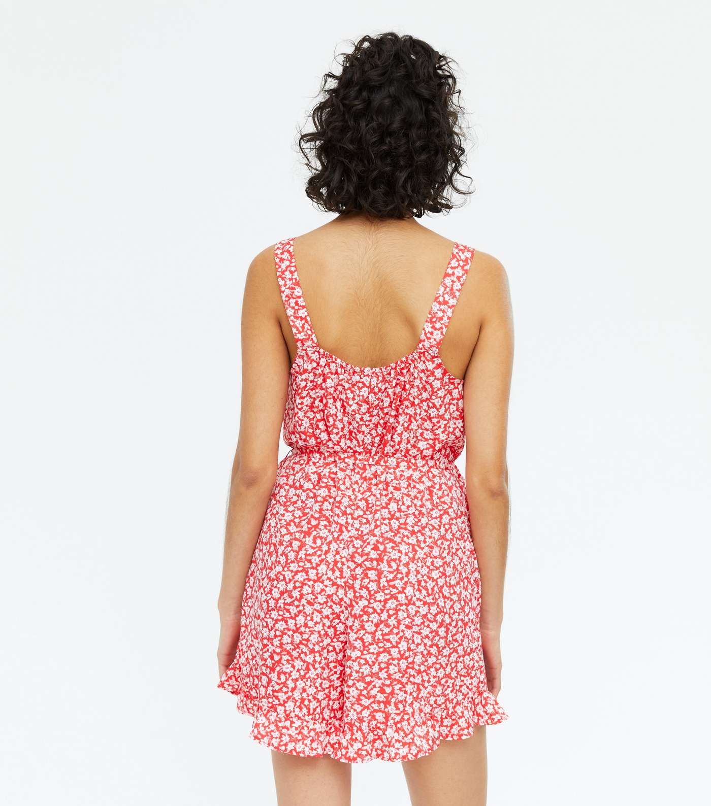 Red Floral Tie Waist Ruffle Playsuit  Image 4