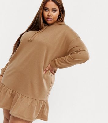 Curves Stone Frill Jersey Hoodie Dress New Look