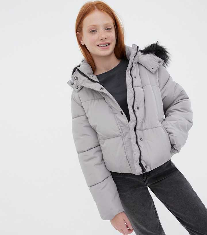 Girls Grey Faux Fur Hooded Puffer Jacket | New Look