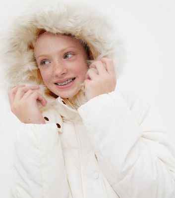 girls faux fur hooded long puffer jacket