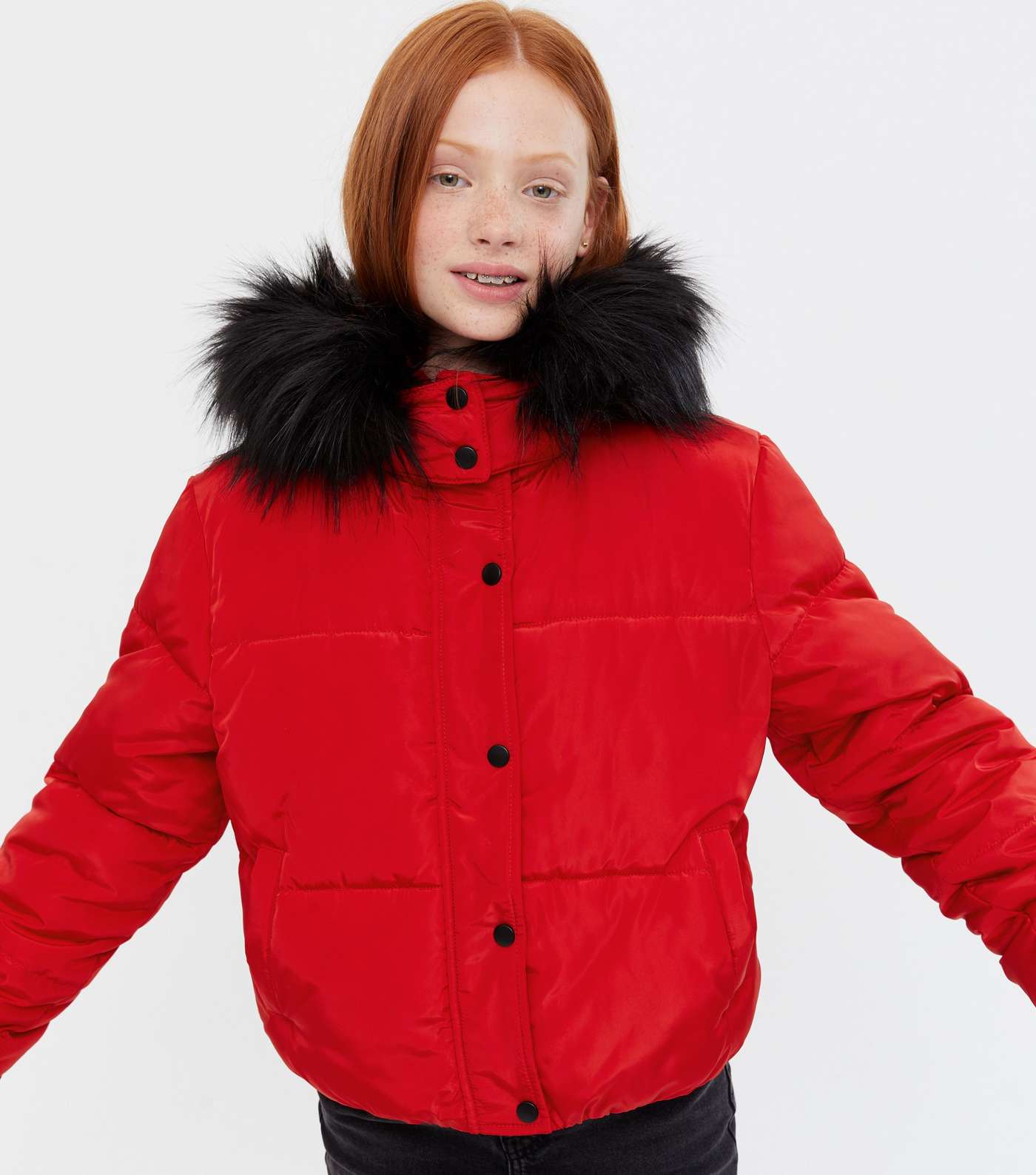 Girls Red Faux Fur Hooded Puffer Jacket