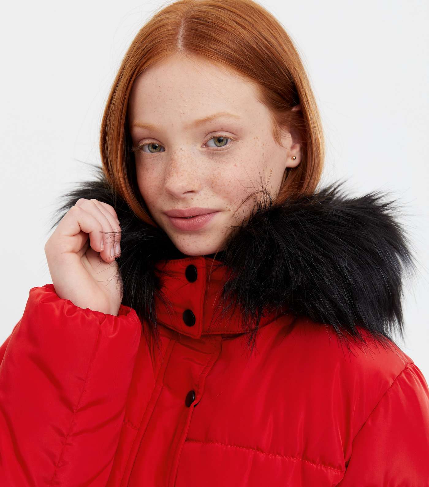 Girls Red Faux Fur Hooded Puffer Jacket Image 3