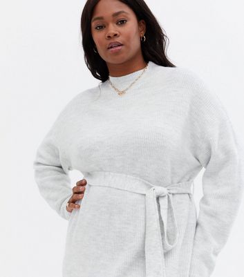 Click to view product details and reviews for Curves Pale Grey Knit High Neck Tie Waist Midi Jumper Dress New Look.