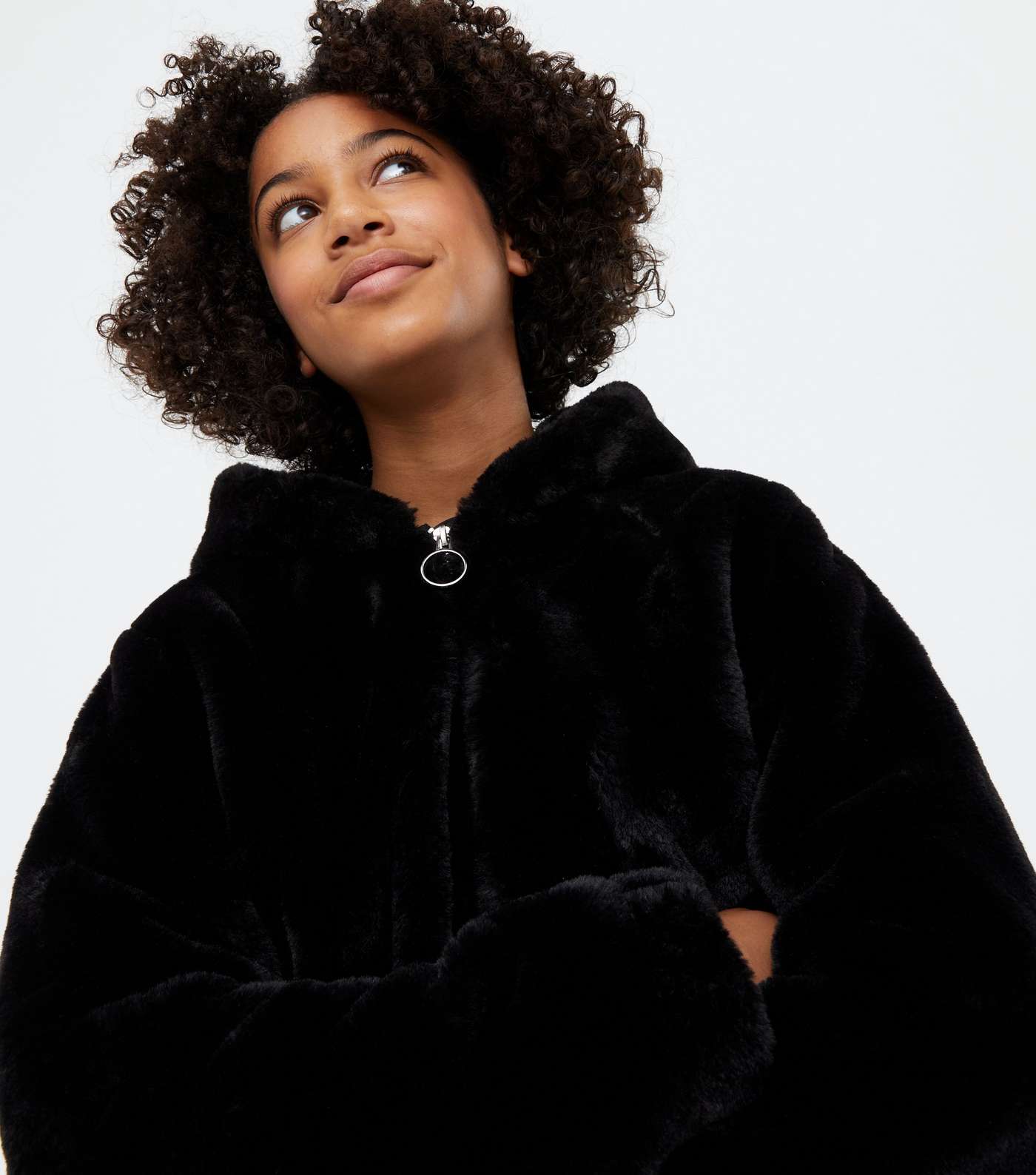 Girls Black Faux Fur Hooded Jacket Image 3