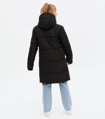 black long puffer coat with hood